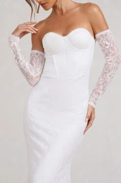 Aniyah | White Lace Bandeau Neckline Corset Fishtail Maxi Dress With Sheer Sleeves -ENY Clothing Shop WB CL128062005 Aniyah WhiteLaceBandeauNecklineCorsetFishtailMaxiDressWithSheerSleeves4copy