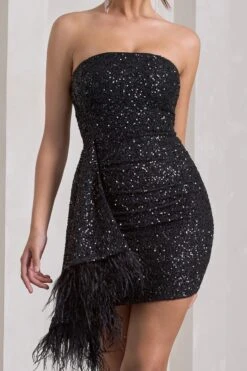 Harper | Black Sequin Bandeau Mini Dress With Feather Trim Drape 13 Harper | Black Sequin Bandeau Mini Dress With Feather Trim Drape -ENY Clothing Shop WB CL128085002 HarperBlackSequinBandeauMiniDressWithFrontDrapeandFeatherTrim1copy