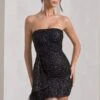 Harper | Black Sequin Bandeau Mini Dress With Feather Trim Drape 2 Harper | Black Sequin Bandeau Mini Dress With Feather Trim Drape -ENY Clothing Shop WB CL128085002 HarperBlackSequinBandeauMiniDressWithFrontDrapeandFeatherTrim4