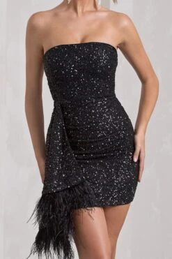 Harper | Black Sequin Bandeau Mini Dress With Feather Trim Drape 12 Harper | Black Sequin Bandeau Mini Dress With Feather Trim Drape -ENY Clothing Shop WB CL128085002 HarperBlackSequinBandeauMiniDressWithFrontDrapeandFeatherTrim4copy