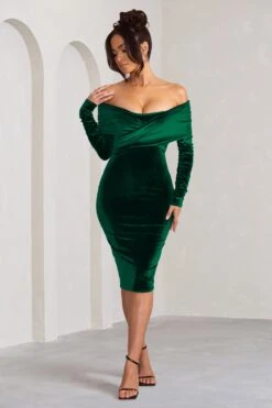 Flatter Me | Bottle Green Velvet Twist Front Bardot Midi Dress -ENY Clothing Shop WB CL128160 FlatterMeBottlegreenVelvetTwistFrontBardotMidiDress3 16b2747e 3252 42cb 8464 2317c5288fb6
