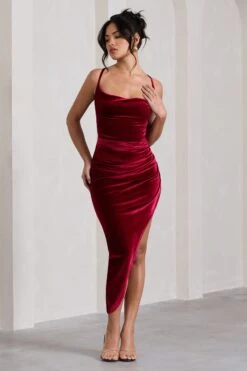 Risk It All | Berry Velvet Cami Cowl Neck Asymmetric Hem Midi Dress -ENY Clothing Shop WB CL128163064 RiskItAllBerryVelvetCamiCowlNeckSatinAsymmetricHemMidiDress3
