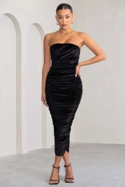 My Lady | Black Velvet Strapless Bodycon Ruched Maxi Dress -ENY Clothing Shop WB CL128171 MyLadyBlackVelvetStraplessBodyconRuchedMidiDress2