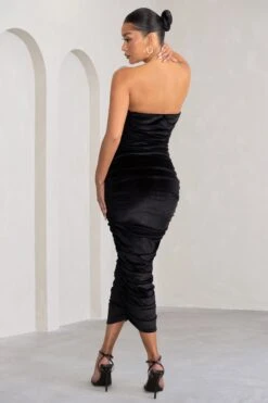 My Lady | Black Velvet Strapless Bodycon Ruched Maxi Dress -ENY Clothing Shop WB CL128171 MyLadyBlackVelvetStraplessBodyconRuchedMidiDress4