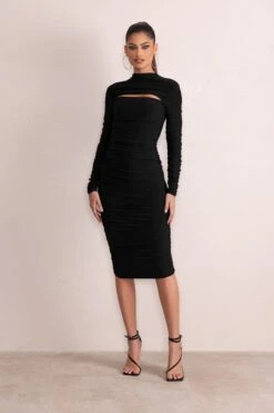 Peyton | Black Ruched Cut Out Bodycon Midi Dress With Long Sleeves