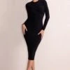 Anna | Black High Neck Twist Front Bodycon Midi Dress With Long Sleeves