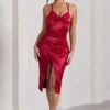 Penelope | Red Satin Twist Front Strappy Midi Dress -ENY Clothing Shop WB CL128200004 PenelopeRedSatinTwistFrontStrappyMidiDress3