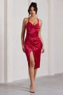 Penelope | Red Satin Twist Front Strappy Midi Dress -ENY Clothing Shop WB CL128200004 PenelopeRedSatinTwistFrontStrappyMidiDress4