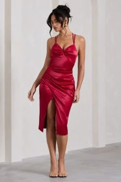 Penelope | Red Satin Twist Front Strappy Midi Dress -ENY Clothing Shop WB CL128200004 PenelopeRedSatinTwistFrontStrappyMidiDress5