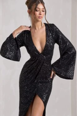 Amber | Black Sequin Plunge Wrap Midi Dress -ENY Clothing Shop WB CL128278002 AmberBlackSequinPlungeWrapMaxiDresswithCapeSleevesandFrontSplit4
