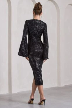 Amber | Black Sequin Plunge Wrap Midi Dress -ENY Clothing Shop WB CL128278002 AmberBlackSequinPlungeWrapMaxiDresswithCapeSleevesandFrontSplit5