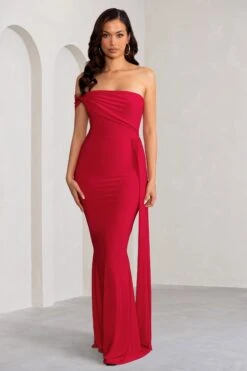 Aaliyah | Red Asymmetric Bardot Maxi Dress With Drape -ENY Clothing Shop WB CL128282 AaliyahRedAsymmetricBardotMaxiDresswithDrape1 49a7c575 f0f6 473d 8747 51580eb811f8