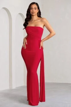 Aaliyah | Red Asymmetric Bardot Maxi Dress With Drape -ENY Clothing Shop WB CL128282 AaliyahRedAsymmetricBardotMaxiDresswithDrape4 56b84748 d9fe 42a5 91c8 046b52284df2