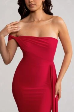 Aaliyah | Red Asymmetric Bardot Maxi Dress With Drape -ENY Clothing Shop WB CL128282 AaliyahRedAsymmetricBardotMaxiDresswithDrape5 1e4457f2 45cc 43b6 bb63 d48643be405f