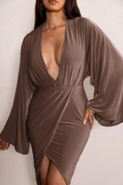Audriana | Mocha Plunging Midi Wrap Dress -ENY Clothing Shop WB CL128307 AudrianaMochaPlungeNeckMidiDresswithCapeSleevesandFrontSplit2 49c90f01 a020 43d9 9aac c13b3fc350cd
