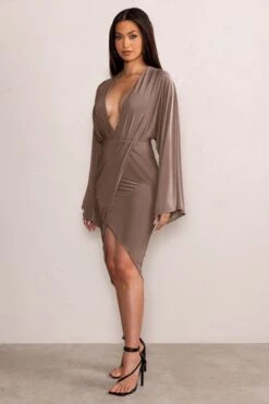 Audriana | Mocha Plunging Midi Wrap Dress -ENY Clothing Shop WB CL128307 AudrianaMochaPlungeNeckMidiDresswithCapeSleevesandFrontSplit3 fc8a7b14 43fd 4465 815f 97ab832ffec2