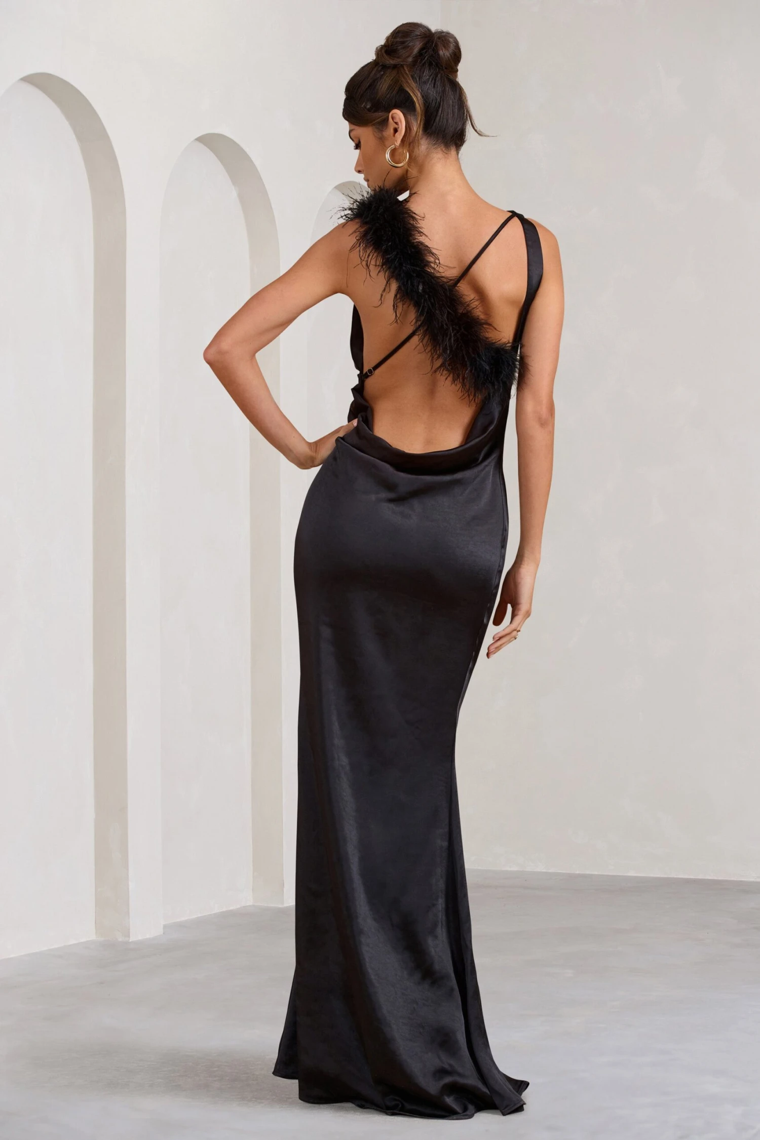 Cherish Me | Black Satin Asymmetric Cowl Maxi Dress With Feather Strap 4 Cherish Me | Black Satin Asymmetric Cowl Maxi Dress With Feather Strap - Image 2