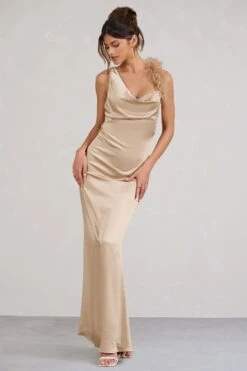 Cherish Me | Gold Satin Asymmetric Cowl Maxi Dress With Feather Strap -ENY Clothing Shop WB CL1283370072 CherishMeGoldBodyconMidiDressWithStatementFeatherTrim1