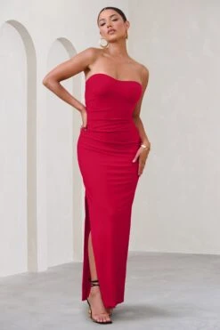 Manon | Red Sweetheart Bandeau Maxi Dress With Thigh Split -ENY Clothing Shop WB CL128389 ManonRedSweetheartBandeauMaxiDressWithThighSplit1 adc7026b e989 4d10 b600 32567413beb1