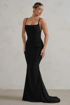 Adele | Black Ruched Fishtail Cami Maxi Dress -ENY Clothing Shop WB CL128390 AdeleBlackRuchedFishtailCamiMaxiDress2