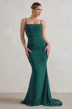Adele | Bottle Green Backless Ruched Fishtail Cami Maxi Dress -ENY Clothing Shop WB CL128390 AdeleBottleGreenRuchedFishtailCamiMaxiDress1 afae2239 a4f4 4d25 a273 4817c568841d