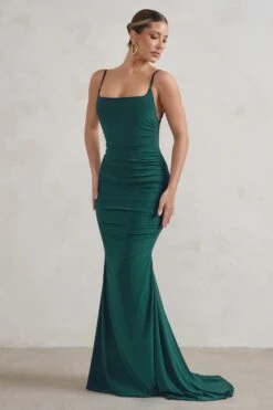 Adele | Bottle Green Backless Ruched Fishtail Cami Maxi Dress -ENY Clothing Shop WB CL128390 AdeleBottleGreenRuchedFishtailCamiMaxiDress2 8fac472a a1c9 4980 8cd7 ab3b956fdeaf