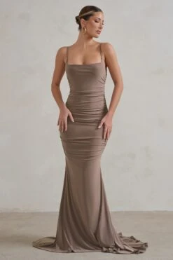 Adele | Mocha Backless Ruched Fishtail Cami Maxi Dress