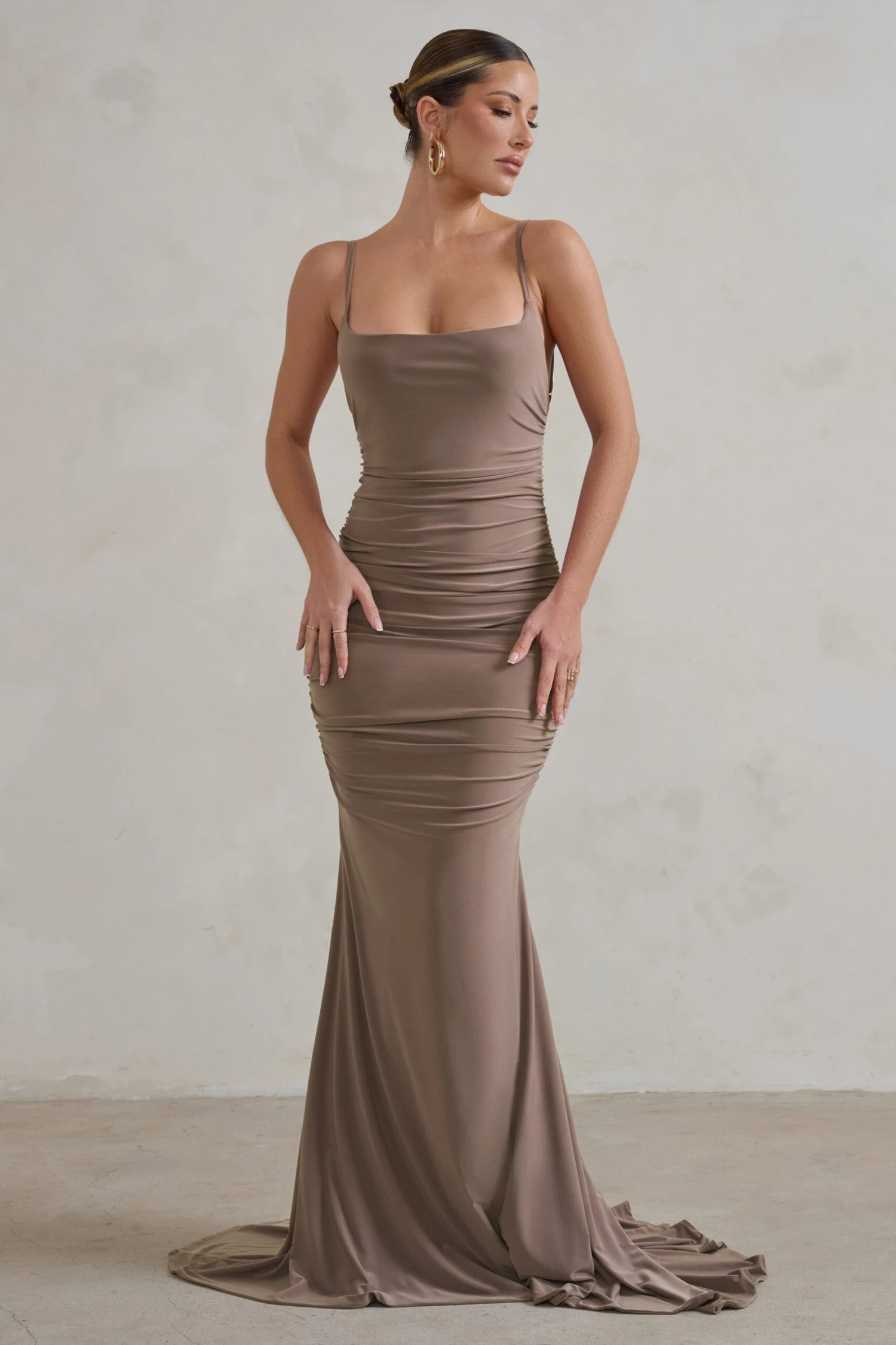 Adele | Mocha Backless Ruched Fishtail Cami Maxi Dress 3 Adele | Mocha Backless Ruched Fishtail Cami Maxi Dress
