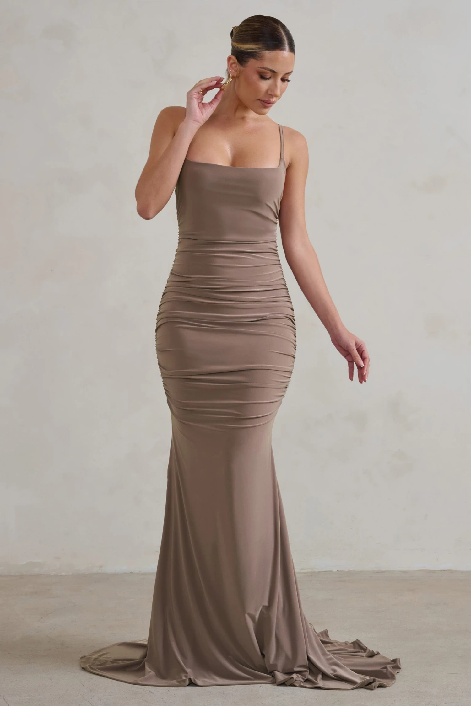 Adele | Mocha Backless Ruched Fishtail Cami Maxi Dress 6 Adele | Mocha Backless Ruched Fishtail Cami Maxi Dress - Image 4