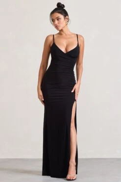 Jeanne | Black Plunge Ruched Cami Maxi Dress With Split -ENY Clothing Shop WB CL128392002 JeanneBlackPlungeRuchedCamiMaxiDressWithSplit1