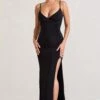 Jeanne | Black Plunge Ruched Cami Maxi Dress With Split -ENY Clothing Shop WB CL128392002 JeanneBlackPlungeRuchedCamiMaxiDressWithSplit2