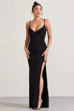 Jeanne | Black Plunge Ruched Cami Maxi Dress With Split