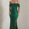 Kimberly | Bottle Green Bardot Fishtail Satin Maxi Dress