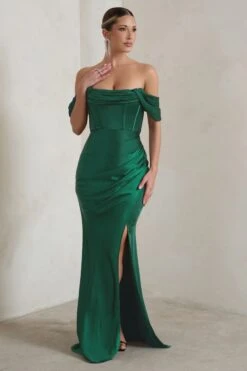 Kimberly | Bottle Green Bardot Fishtail Satin Maxi Dress -ENY Clothing Shop WB CL128406 KimberlyBottleGreenBardotFishtailSatinMaxiDress1