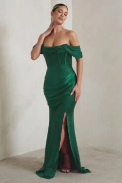 Kimberly | Bottle Green Bardot Fishtail Satin Maxi Dress -ENY Clothing Shop WB CL128406 KimberlyBottleGreenBardotFishtailSatinMaxiDress2
