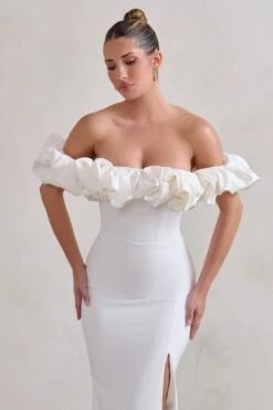 Esmeralda | White Structured Statement Bardot Maxi Dress -ENY Clothing Shop WB CL128410 EsmeraldaWhiteStructuredStatementBardotMaxiDress5