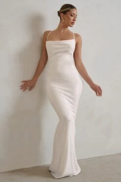 Seeing Stars | White Cowl Cami Sequin Maxi Dress With Waist Tie -ENY Clothing Shop WB CL128416 SeeingStarsWhiteCowlCamiSequinMaxiDressWithWaistTie3