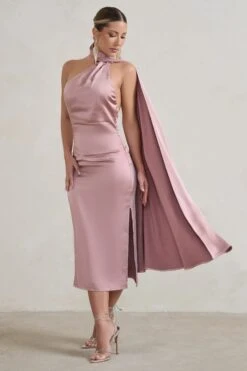 Madame | Blush Pink Satin Asymmetric Scarf Neck Backless Midi Dress -ENY Clothing Shop WB CL128417 MadameBlushPinkSatinAsymmetricScarfNeckBacklessMidiDress3