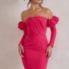Laurie | Hot Pink Bardot Puff Long Sleeve Mini Dress -ENY Clothing Shop WB CL128423 LaurieHotPinkBardotPuffLongSleeveMiniDress1
