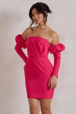 Laurie | Hot Pink Bardot Puff Long Sleeve Mini Dress -ENY Clothing Shop WB CL128423 LaurieHotPinkBardotPuffLongSleeveMiniDress3