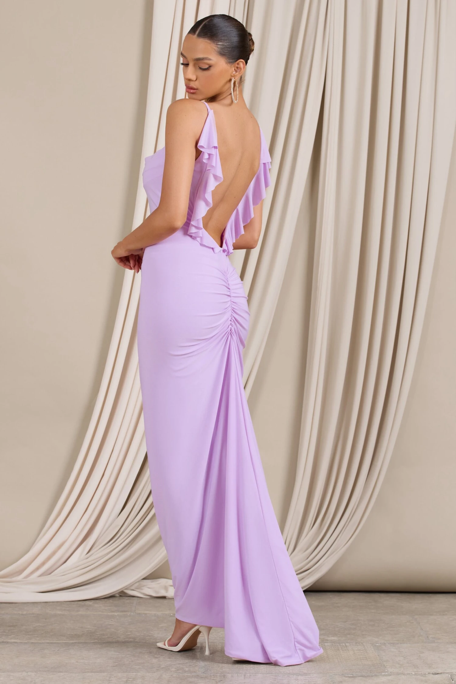 Flute | Lilac Bodycon Maxi Dress With Ruched Ruffled Back 3 Flute | Lilac Bodycon Maxi Dress With Ruched Ruffled Back