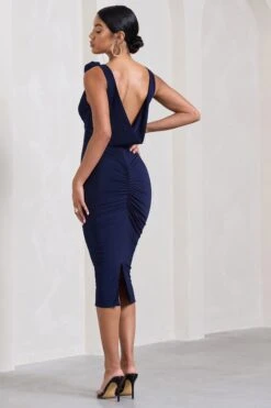 Rosy | Navy Cowl-Neck Midi Dress With Floral Corsages -ENY Clothing Shop WB CL128451015 RosyNavyCowl NeckMidiDressWithFloralCorsages5