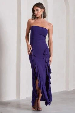Susan | Purple Bandeau Maxi Dress With Ruffled Splits -ENY Clothing Shop WB CL128458104 SusanPurpleBandeauMaxiDressWithRuffledSplits3