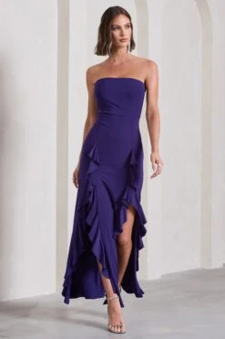 Susan | Purple Bandeau Maxi Dress With Ruffled Splits -ENY Clothing Shop WB CL128458104 SusanPurpleBandeauMaxiDressWithRuffledSplits4