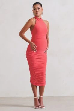 Chrissy | Coral Maternity Halterneck Ruched Midi Dress 9 Chrissy | Coral Maternity Halterneck Ruched Midi Dress -ENY Clothing Shop WB CL128471 ChrissyCoralMaternityHalterneckRuchedMidiDress0 1