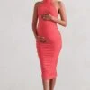 Chrissy | Coral Maternity Halterneck Ruched Midi Dress -ENY Clothing Shop WB CL128471 ChrissyCoralMaternityHalterneckRuchedMidiDress2 1