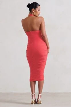 Chrissy | Coral Maternity Halterneck Ruched Midi Dress 7 Chrissy | Coral Maternity Halterneck Ruched Midi Dress -ENY Clothing Shop WB CL128471 ChrissyCoralMaternityHalterneckRuchedMidiDress4 1
