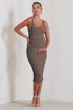 Lisbon | Mocha Maternity Square Neck Ruched Midi Dress -ENY Clothing Shop WB CL128472038 Lisbon MochaMaternitySquareNeckRuchedMidiDress0