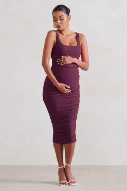 Lisbon | Plum Maternity Square Neck Ruched Midi Dress -ENY Clothing Shop WB CL128472069 Lisbon PlumMaternitySquareNeckRuchedMidiDress0