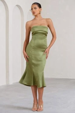 Sauvignon | Olive Satin Bandeau Midi Dress With Cowl Back -ENY Clothing Shop WB CL128476113 SauvignonOliveSatinBandeauMidiDressWithCowlBack3